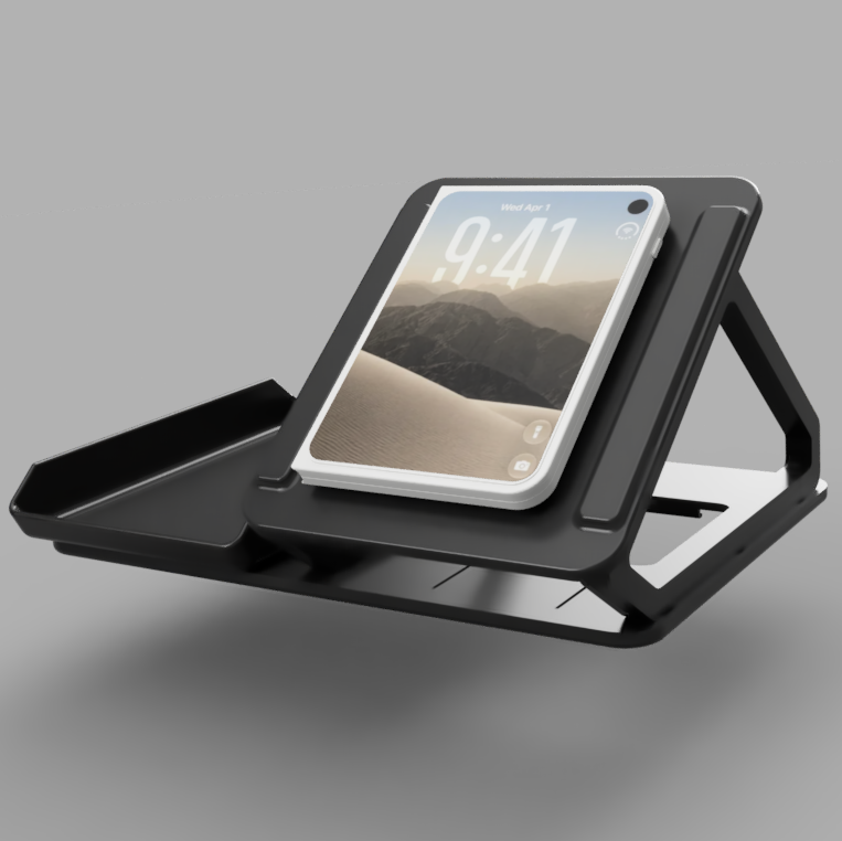 Faro-Dock Single Plus holding an unfolded iPhone Duo in tablet mode on the magnetic wireless charger