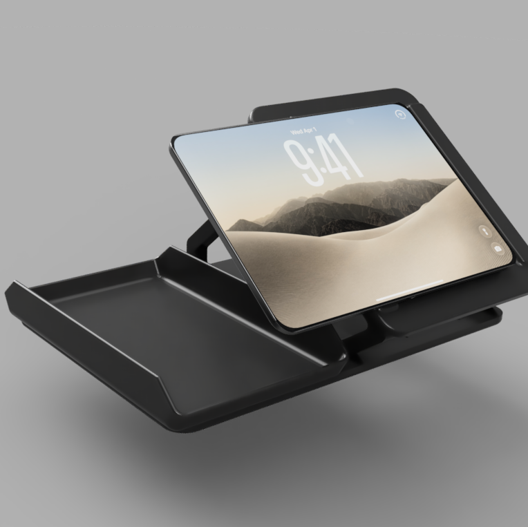 Side view of the Faro-Dock Single Plus with storage tray and an iPhone Duo charging in tablet mode