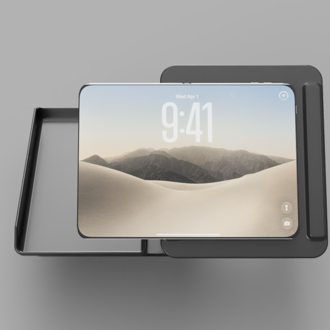 Faro-Dock Single Plus wireless charger with storage tray, holding an iPhone Duo in tablet mode