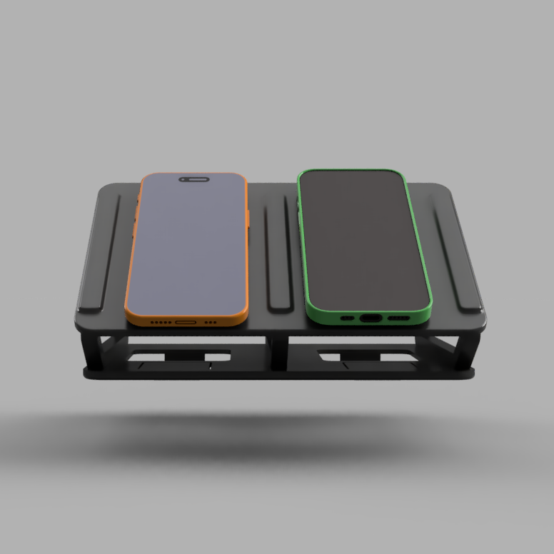 A black dual-device phone stand holding two smartphones, one with an orange case and one with a green case, set against a solid gray background.