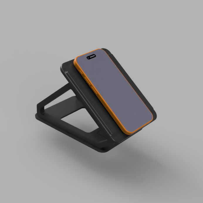 A black smartphone stand with an orange accent trim, holding a gray smartphone, shown on a solid gray background.