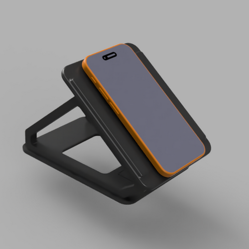 A black smartphone stand with an orange accent trim, holding a gray smartphone, shown on a solid gray background.