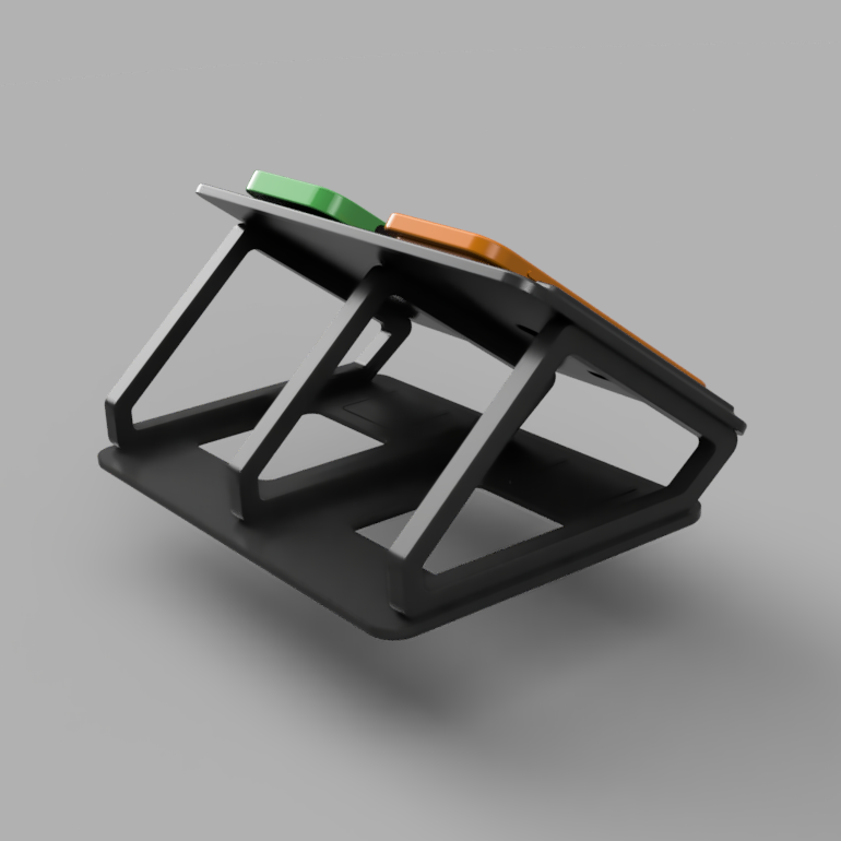 A black adjustable laptop stand with a green and orange accent panel, shown on a solid gray background.